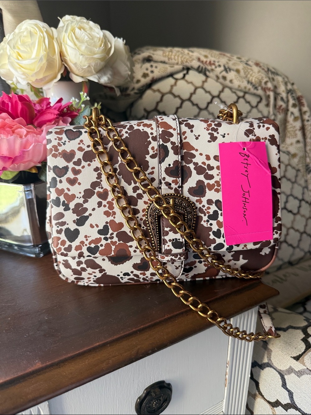 S Betsey Johnson White & Brown Cow Print Crossbody with Gold Chain - NWT